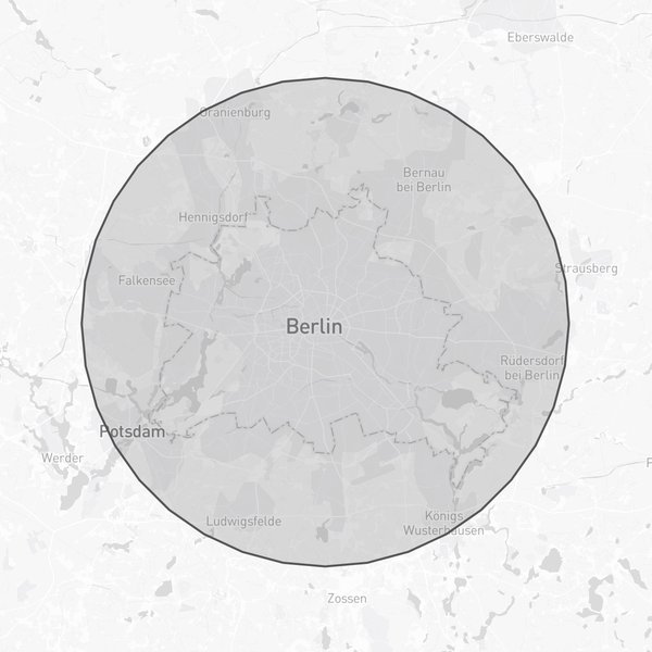 A zoomed-out map of Berlin, showing a round a circle polygon with 30Km of radius around it.