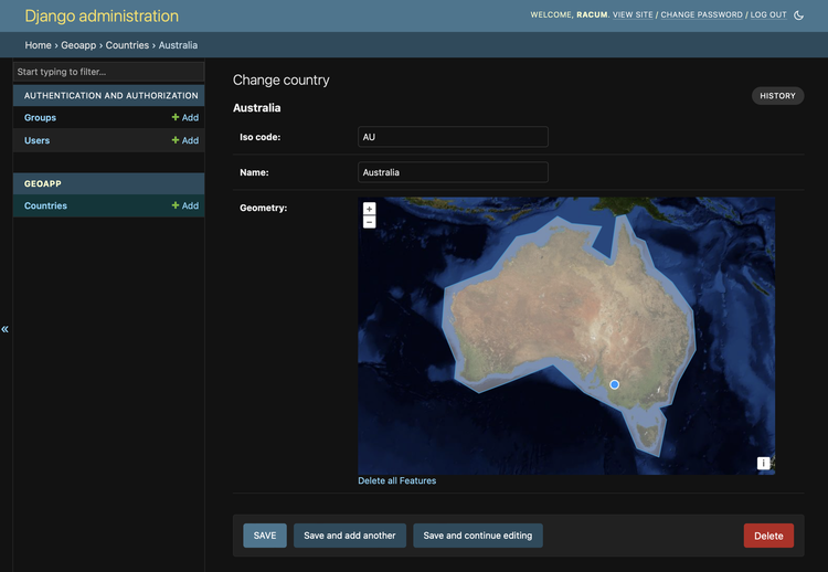 Screenshot of the Django Admin showing a map for the geometry field.