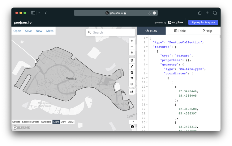 Screenshot of the geojson.io UI, showing a map of Venice in the left and its GeoJSON code in the right.
