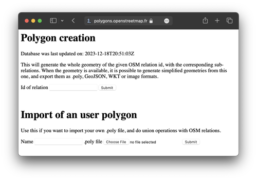 Screenshot of the home page of the Polygon creation tool from OSM France.