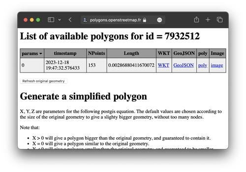 Screenshot of the result pare of the Polygon creation tool from OSM France.
